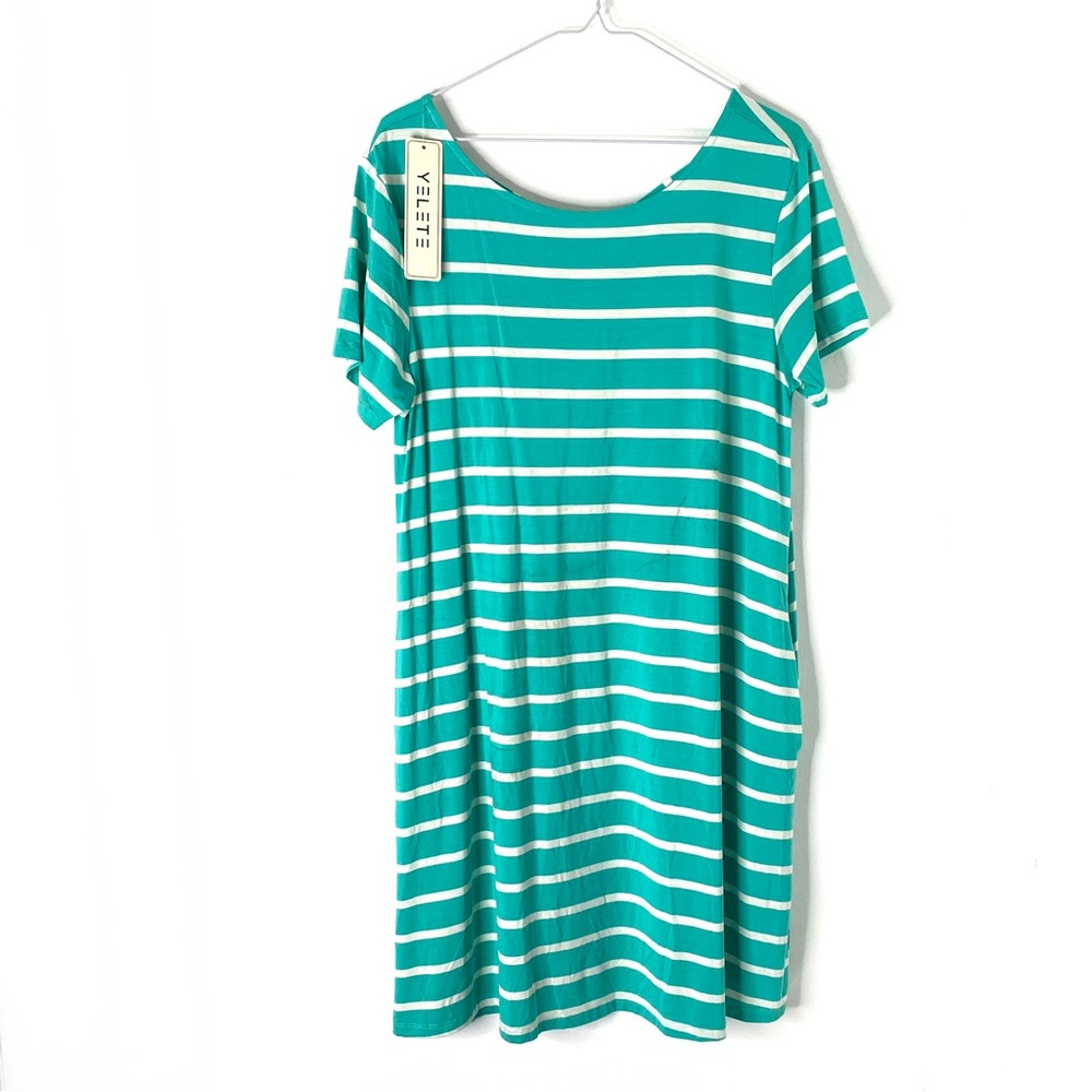 Yelete Green White Striped T-Shirt Dress Cutout Back NWT